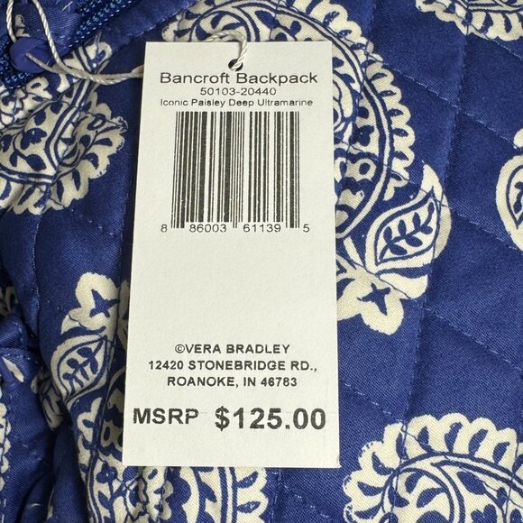 Vera Bradley Bancroft Backpack in Iconic Paisley Deep Ultramarine NWT - Picture 3 of 10